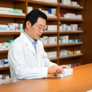 藥師仔細檢查藥品包裝，專業藥局諮詢服務