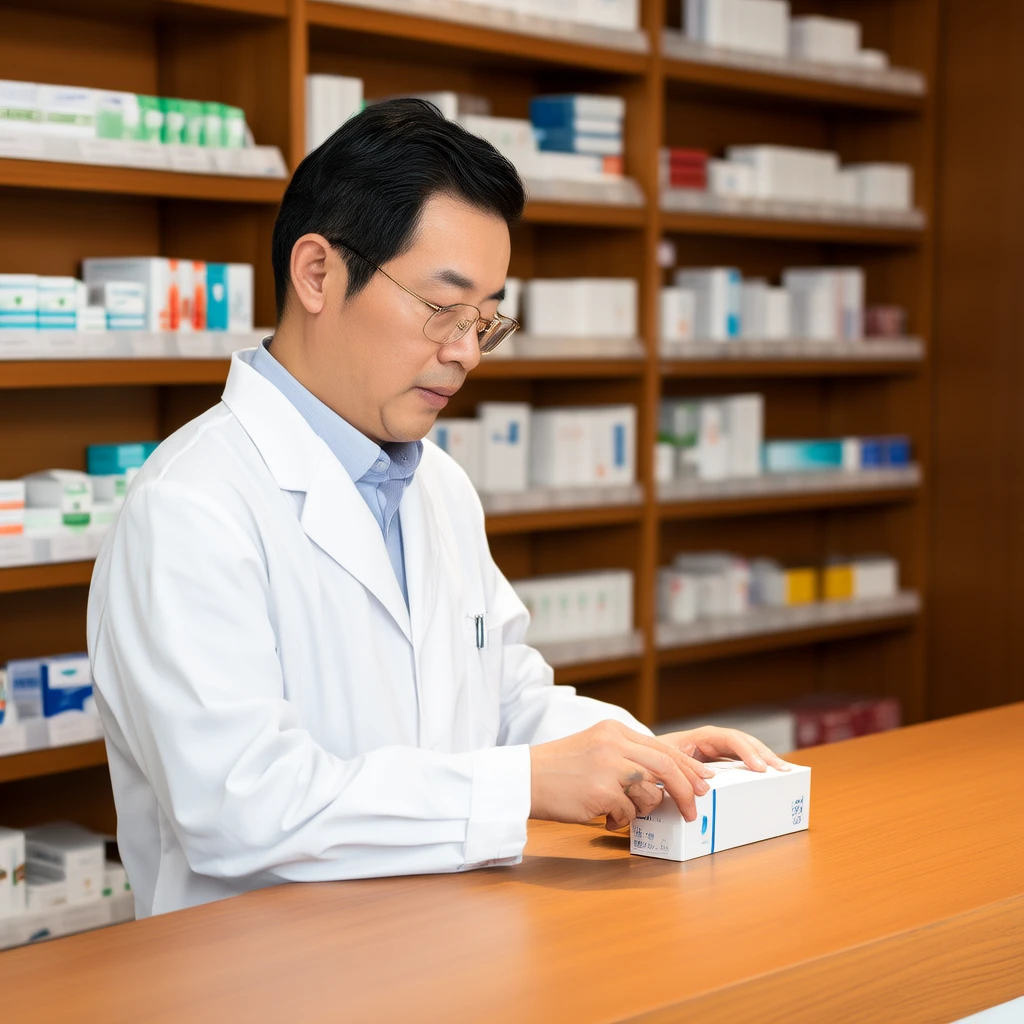 藥師仔細檢查藥品包裝，專業藥局諮詢服務